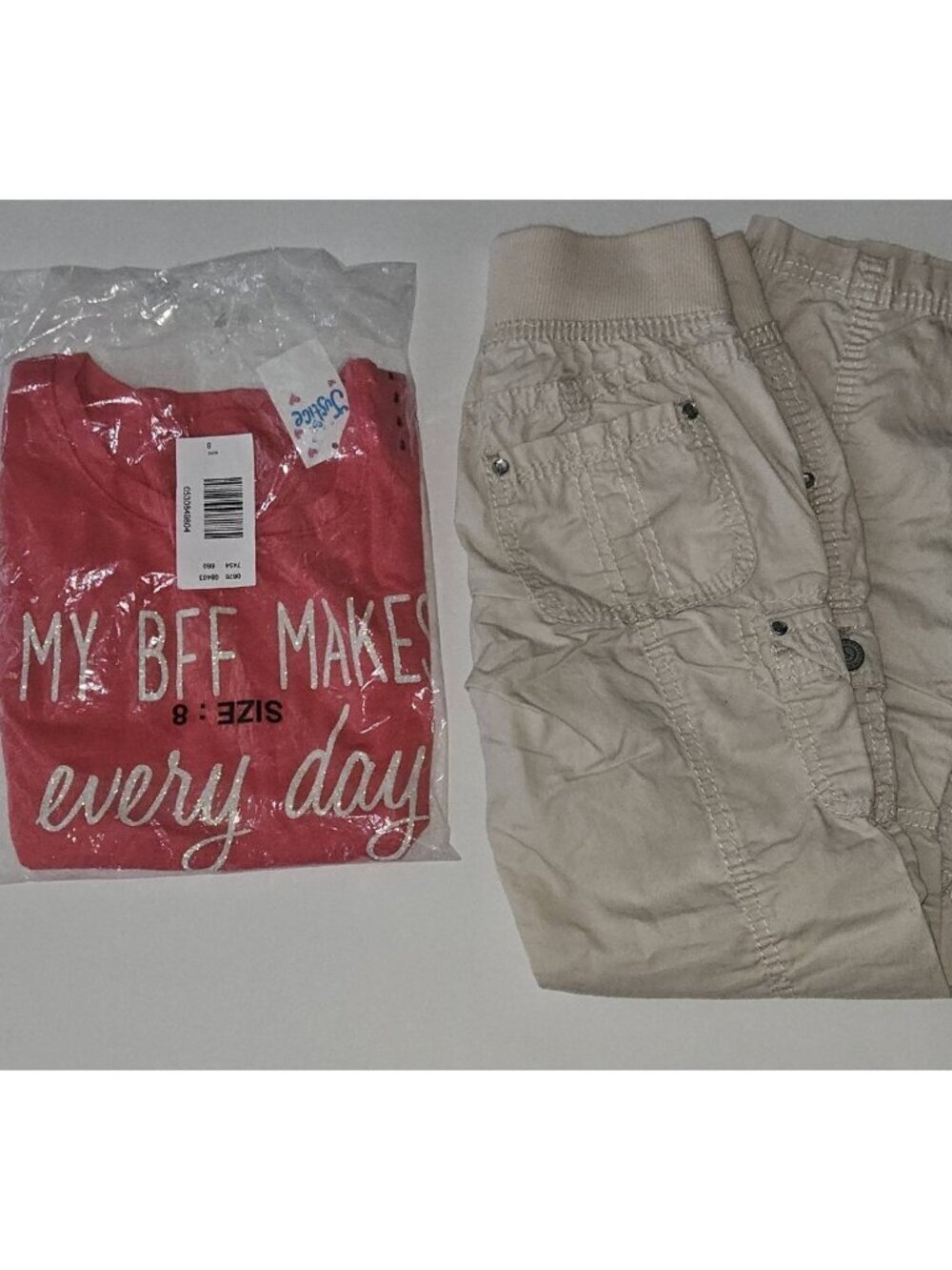 Justice Lot Girls Size 8 Tan Pants Pink Tee My BFF Makes Every Day Awesome